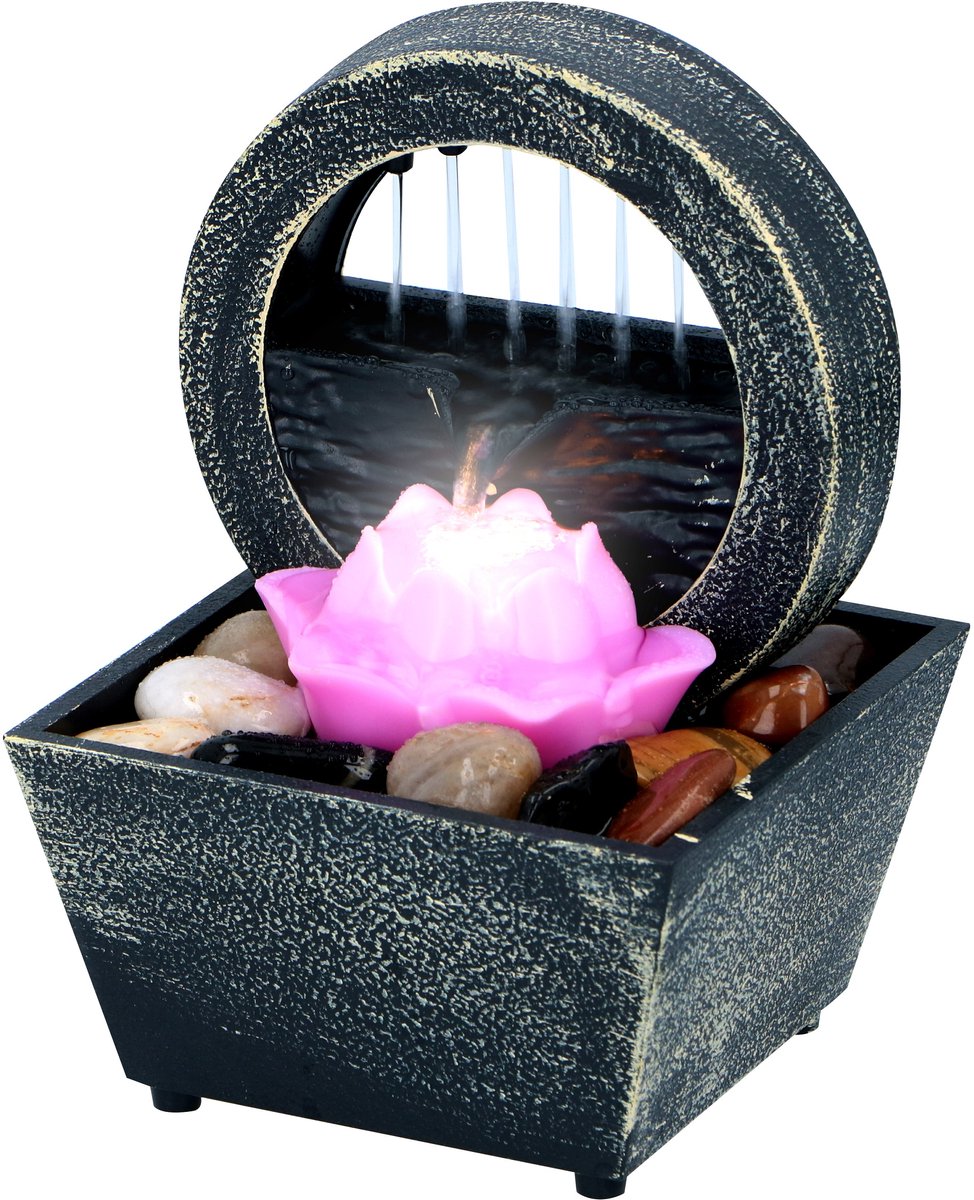 Arti Casa Tafelfontein Lotusbloem - Indoor Waterornament met LED-licht - Positieve Werking - Binnenfontein met set Kiezelstenen - 11,5 x 17 cm