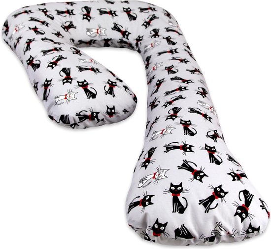 Voedingskussen - Zijslaapkussen - 235 cm - 100% katoen - met zwart en witte katjes