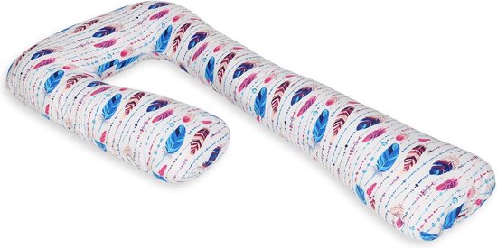 Voedingskussen - Zijslaapkussen - 235 cm - 100% katoen - wit met blauw en roze veren