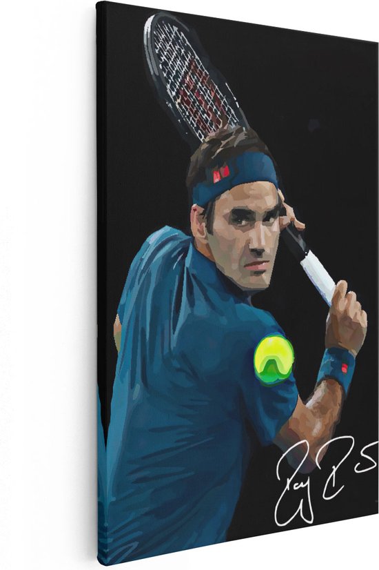 Artaza Canvas Schilderij Roger Federer Getekend - 60x90 - Foto Op Canvas - Wanddecoratie