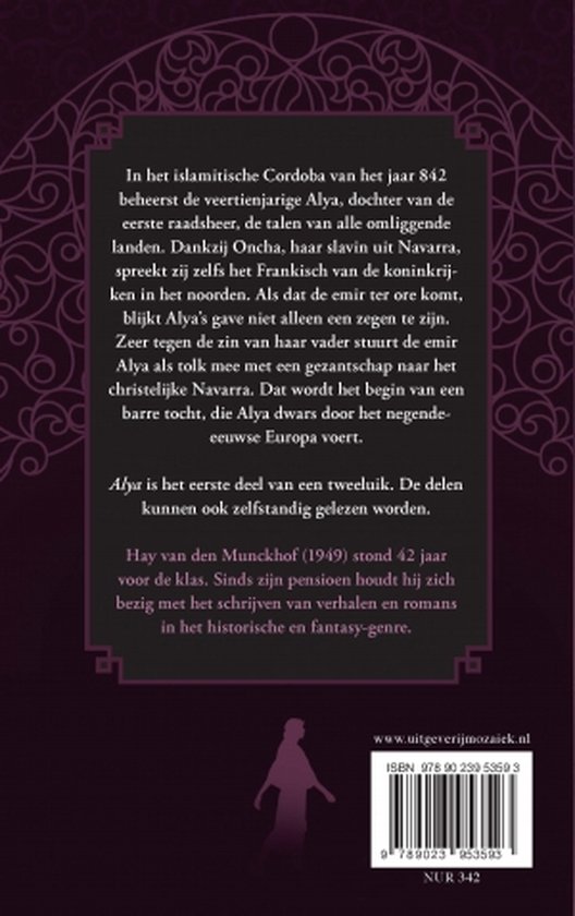 Achterkant van het boek 'Alya'. Bevat een beschrijving van het verhaal en de auteur, met een afbeelding van een figuur.