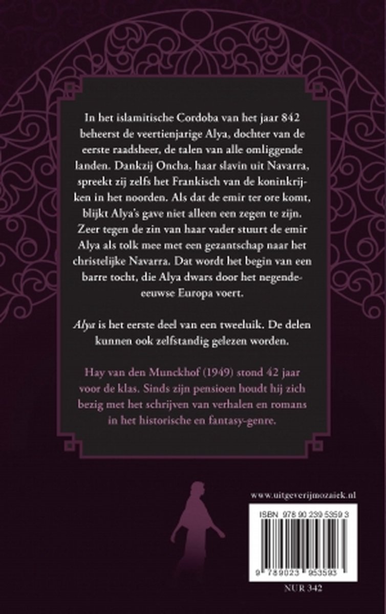 Achterkant van het boek 'Alya'. Bevat een beschrijving van het verhaal en de auteur, met een afbeelding van een figuur.