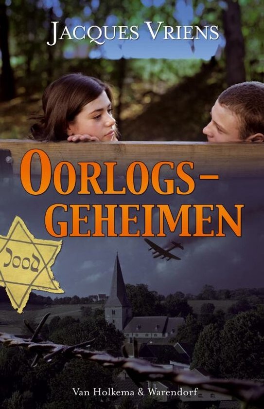 Boek Oorlogsgeheimen met twee kinderen die over een hek kijken, een ster van David en een vliegtuig.