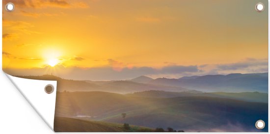 Tuinposter Zonsopkomst in Toscane - 80x40 cm - Wanddecoratie Buiten - Tuinposter - Tuindoek - Schuttingposter - Tuinschilderij