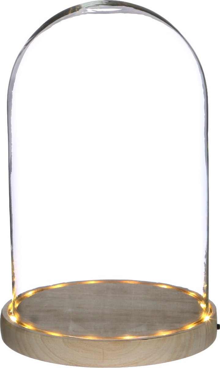 Glazen LED stolp Ø170 mm H.255 mm met houten basis - 1 st