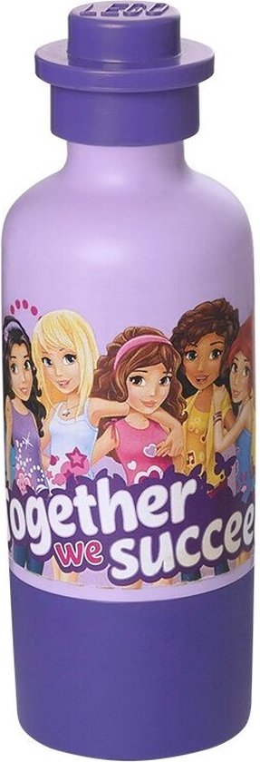 Gourde lilas avec base et bouchon violets, illustrant 5 LEGO Friends et le texte 'Together we succeed'.