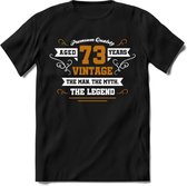 73 Jaar Legend T-Shirt | Goud - Wit | Grappig Verjaardag en Feest Cadeau Shirt | Dames - Heren - Unisex | Tshirt Kleding Kado | - Zwart - M
