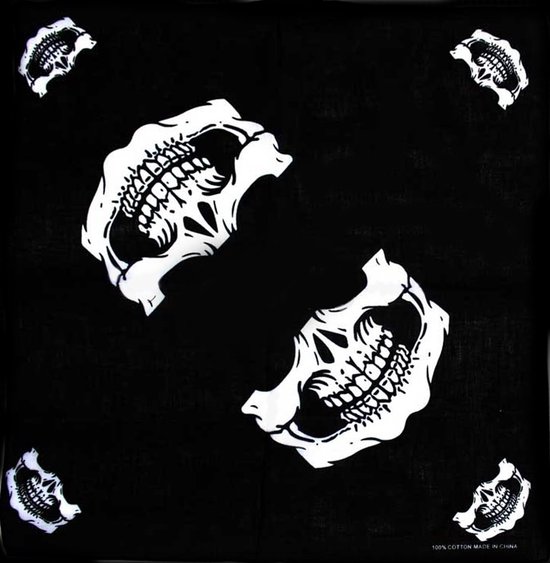 Katoenen zakdoek bandana zwart wit met doodshoofd kaak skull jaw print 55x55 cm