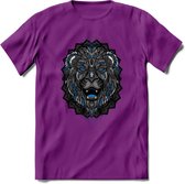 Leeuw - Dieren Mandala T-Shirt | Blauw | Grappig Verjaardag Zentangle Dierenkop Cadeau Shirt | Dames - Heren - Unisex | Wildlife Tshirt Kleding Kado | - Paars - XL