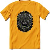 Leeuw - Dieren Mandala T-Shirt | Groen | Grappig Verjaardag Zentangle Dierenkop Cadeau Shirt | Dames - Heren - Unisex | Wildlife Tshirt Kleding Kado | - Geel - XXL
