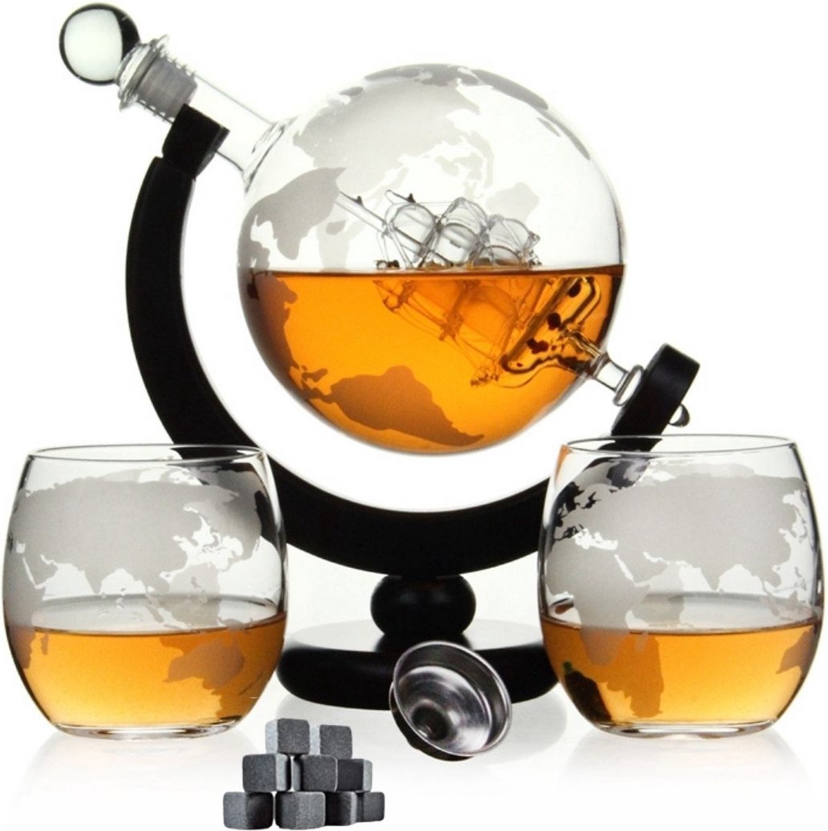 ATV PERFECTUM Luxe Whiskey Karaf Set - Wereldbol - 0,9 L - Decanteer karaf - Whiskey Set - Incl. 9 Whiskey Stones, 2 Whiskey Glazen & Extra Accessoires - valentijn cadeautje voor hem