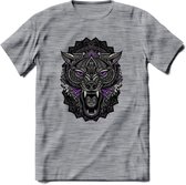 Wolf - Dieren Mandala T-Shirt | Paars | Grappig Verjaardag Zentangle Dierenkop Cadeau Shirt | Dames - Heren - Unisex | Wildlife Tshirt Kleding Kado | - Donker Grijs - Gemaleerd - M