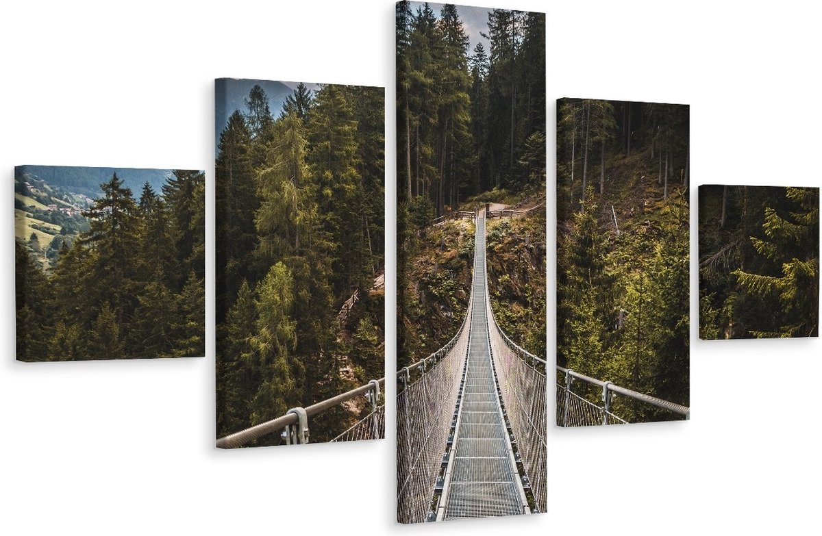 karo-art Schilderij - Touwbrug in de bos, 5luik, premium print Multikleur