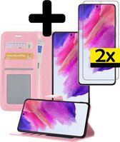 Hoesje Geschikt voor Samsung S21 FE Hoesje Book Case Hoes Wallet Cover Met 2x Screenprotector - Hoes Geschikt voor Samsung Galaxy S21 FE Hoesje Bookcase Hoes - Lichtroze