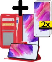 Hoesje Geschikt voor Samsung S21 FE Hoesje Book Case Hoes Wallet Cover Met 2x Screenprotector - Hoes Geschikt voor Samsung Galaxy S21 FE Hoesje Bookcase Hoes - Rood.