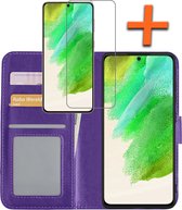 Hoesje Geschikt voor Samsung S21 FE Hoes Bookcase Flipcase Book Cover Met Screenprotector - Hoes Geschikt voor Samsung Galaxy S21 FE Hoesje Book Case - Paars