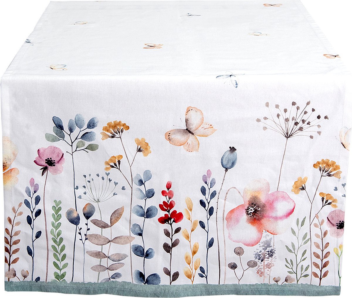 Clayre & Eef Tafelloper 50x140 cm Wit Groen Katoen Rechthoek Bloemen Tafelkleed