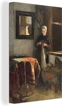 Canvas Schilderij Het zonnige hoekje: jonge vrouw in een kamer in Hindeloopen - schilderij van Christoffel Bisschop - 20x30 cm - Wanddecoratie