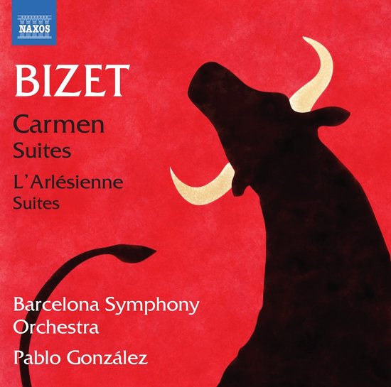 CD hoes met rode achtergrond. Zwarte stier met gouden hoorns. Titel: Bizet Carmen Suites L'Arlésienne Suites, Barcelona Symphony Orchestra, Pablo González.