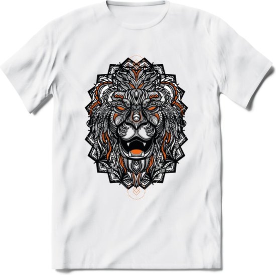 Leeuw - Dieren Mandala T-Shirt | Oranje | Grappig Verjaardag Zentangle Dierenkop Cadeau Shirt | Dames - Heren - Unisex | Wildlife Tshirt Kleding Kado | - Wit - M