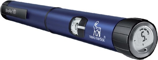 Blauwe Novopen 5 insulinepen met Novo Nordisk logo, een zilveren doseerwiel en een display met de eenheid '5'.