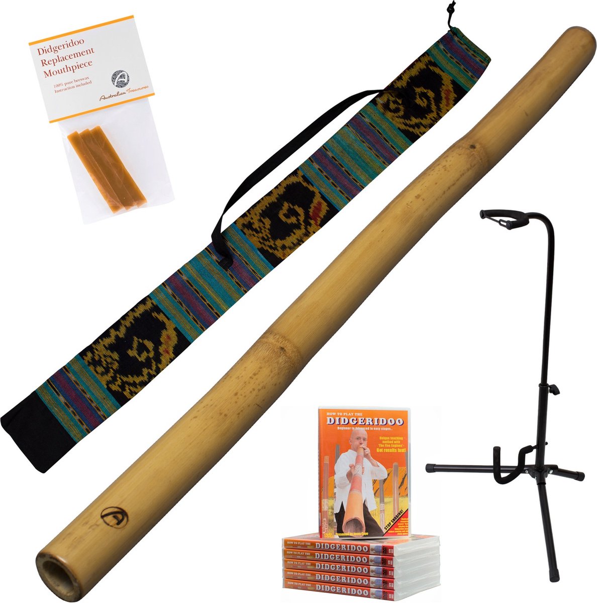 Didgeridoopakket 5-delig: didgeridoo 120cm inclusief bag - instructie DVD - bijenwas - didgeridoostandaard