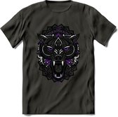 Wolf - Dieren Mandala T-Shirt | Paars | Grappig Verjaardag Zentangle Dierenkop Cadeau Shirt | Dames - Heren - Unisex | Wildlife Tshirt Kleding Kado | - Donker Grijs - L