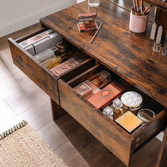 coiffeuse avec miroir, coiffeuse moderne avec 2 tiroirs et étagères  ouvertes