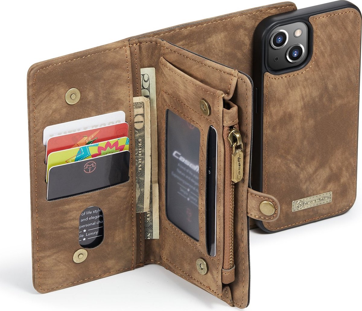 CaseMe voor iPhone SE & 5s & 5 multifunctionele lederen Billfold met afneembare magnetische PC beschermende hoes & 13 Card Slots & 1 foto Frames & 1 rits portemonnee & 2 magnetische slotjes & Holder(Brown)