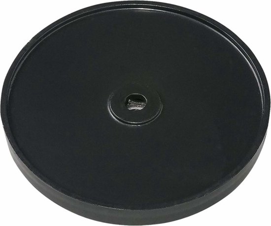 Zwarte, ronde reflector met centraal gat. Diameter 60 mm.