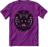 Beer - Dieren Mandala T-Shirt | Roze | Grappig Verjaardag Zentangle Dierenkop Cadeau Shirt | Dames - Heren - Unisex | Wildlife Tshirt Kleding Kado | - Paars - L