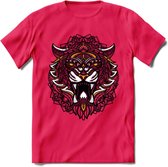 Tijger - Dieren Mandala T-Shirt | Geel | Grappig Verjaardag Zentangle Dierenkop Cadeau Shirt | Dames - Heren - Unisex | Wildlife Tshirt Kleding Kado | - Roze - XXL