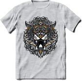 Tijger - Dieren Mandala T-Shirt | Geel | Grappig Verjaardag Zentangle Dierenkop Cadeau Shirt | Dames - Heren - Unisex | Wildlife Tshirt Kleding Kado | - Licht Grijs - Gemaleerd - L