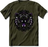 Beer - Dieren Mandala T-Shirt | Paars | Grappig Verjaardag Zentangle Dierenkop Cadeau Shirt | Dames - Heren - Unisex | Wildlife Tshirt Kleding Kado | - Leger Groen - S