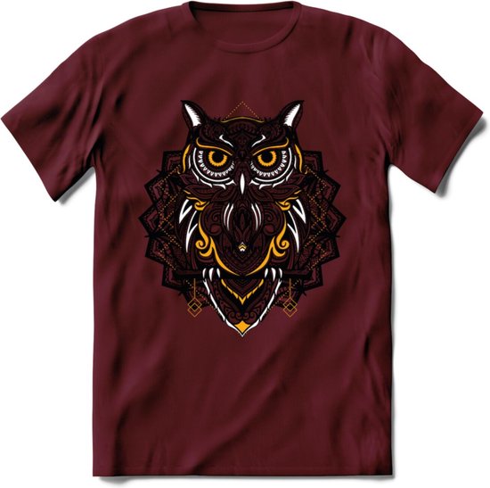 Uil - Dieren Mandala T-Shirt | Geel | Grappig Verjaardag Zentangle Dierenkop Cadeau Shirt | Dames - Heren - Unisex | Wildlife Tshirt Kleding Kado | - Burgundy - S