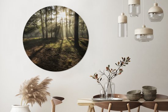 WallCircle - Stickers muraux - Cercle Papier Peint - Forêt - Soleil - Brouillard - 120x120 cm - Cercle Mural - Auto Adhésif - Sticker Papier Peint Rond XXL