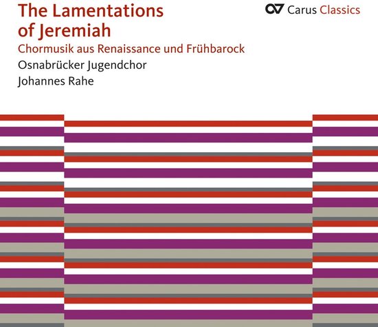 Albumhoes met rode, paarse en grijze horizontale strepen aan de zijkanten en titel "The Lamentations of Jeremiah".