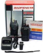 Twee Baofeng Walkie Talkies - 5 km Bereik - 8u Stand-by -  Accu, Oplader, Antenne & Riemclip - 400-470 Mhz