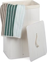 Relaxdays 1x wasmand bamboe - wasbox opvouwbaar - 80 liter - met waszak - wit