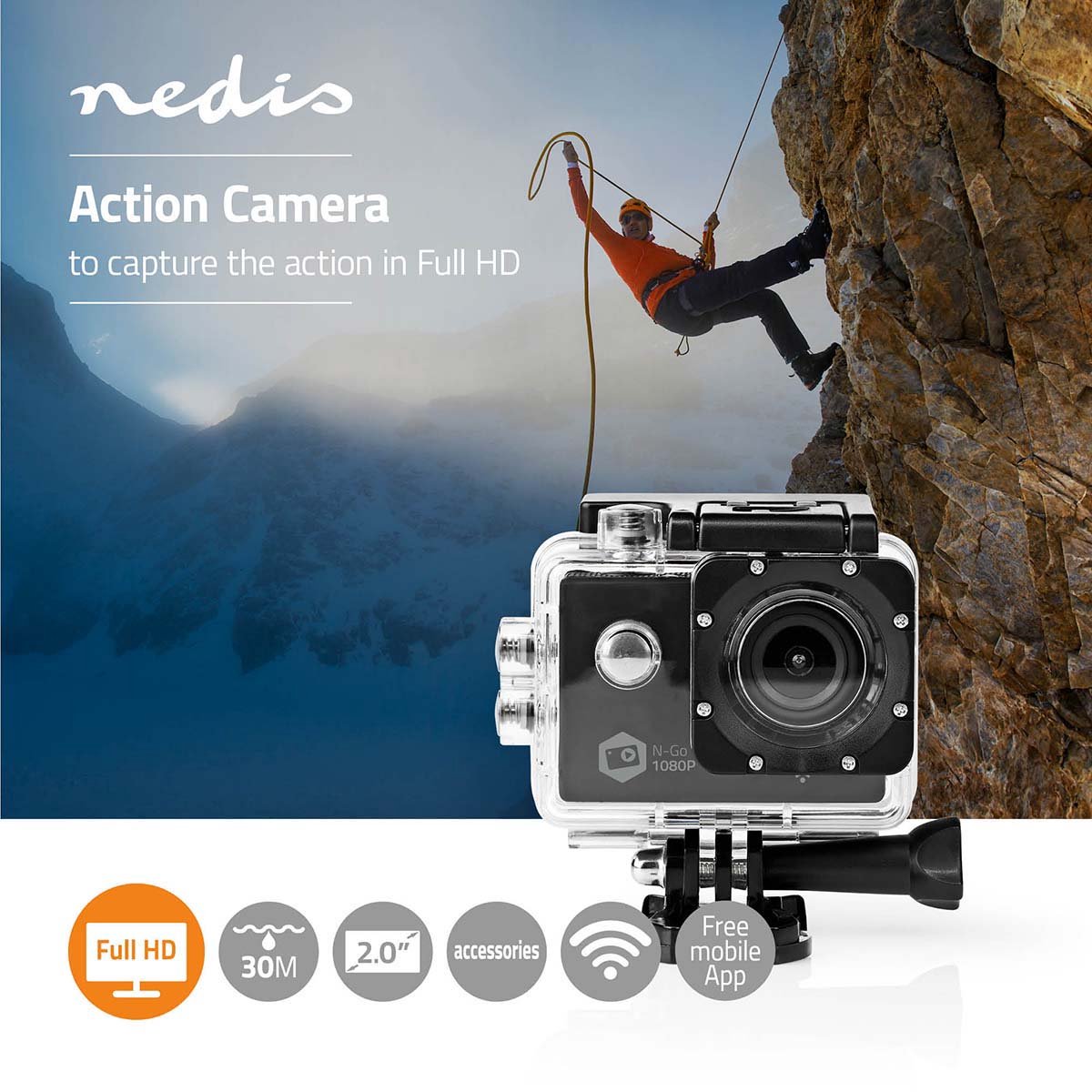 Bol.com Nedis Action Camera – 1080p@30fps – 12 MP – 30M Waterdicht – WiFi – Inclusief Mounts aanbieding