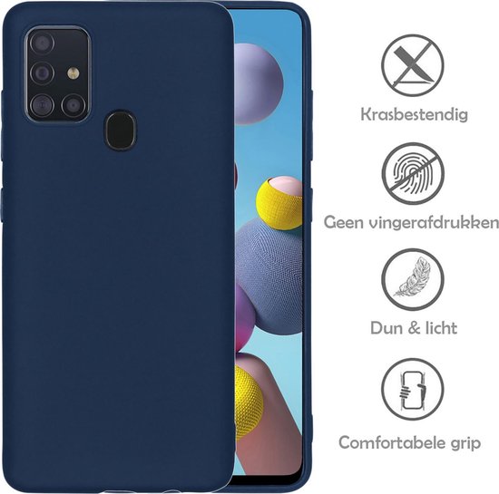 Donkerblauwe telefoonhoes voor Samsung Galaxy A21s, met pictogrammen voor krasbestendig, vingerafdrukken, dun & licht, comfortabele grip.
