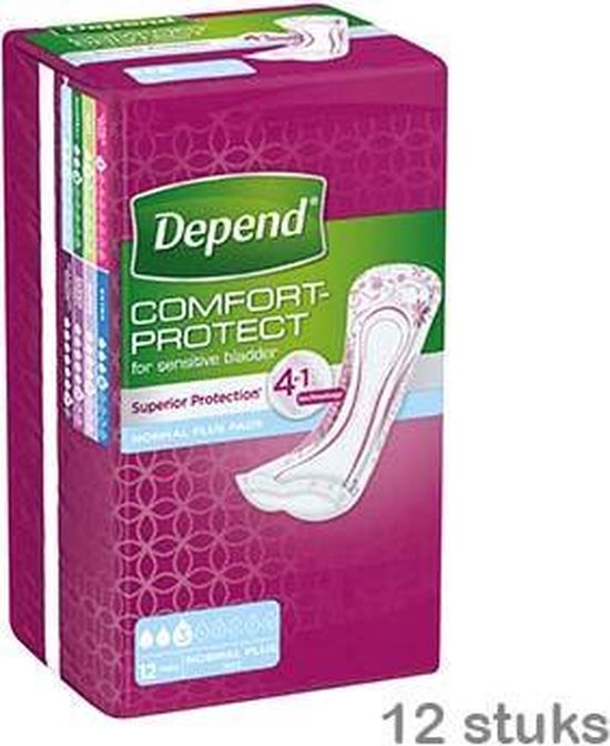 Doos 'Depend COMFORT-PROTECT Normal Plus Pads'. Toont een incontinentieverband, 4-in-1 technologie en 12 stuks.