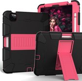 Voor iPad Air (2020) 10.9 Schokbestendige tweekleurige siliconen beschermhoes met houder (zwart + roze rood)