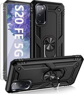 Samsung S20 FE Hoesje Armor case Ring houder / vinger houder TPU backcover - Zwart met 2 pack screenprotector