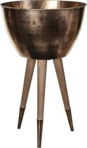 PTMD Jamie bronskleurige metalen plantenbak op houten voet maat in cm: 32 x 32 x 51 - goud
