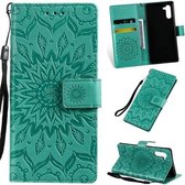 Geperst afdrukken Zonnebloempatroon Horizontale flip PU lederen tas voor Galaxy Note 10, met houder & kaartsleuven & portemonnee & lanyard (groen)