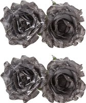4x stuks decoratie bloemen roos beige glitter op clip 10 cm - Decoratiebloemen/kerstboomversiering/kerstversiering