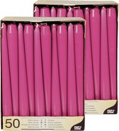 100x stuks Voordeelverpakking dinerkaarsen fuchsia roze - 25 cm - 7 branduren