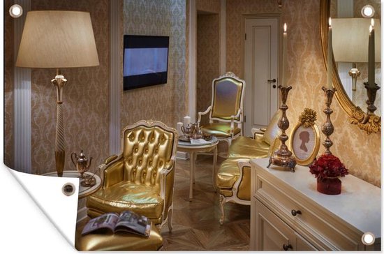 Tuinposter Glamour - Woonkamer in een gouden huis 180x120 cm - Tuindoek/Buitencanvas/Schilderijen voor buiten (tuin decoratie) XXL / Groot formaat!