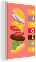 Canvas Schilderij Burgers - Fast food - Mancave - Kleurrijk - 20x30 cm - Wanddecoratie